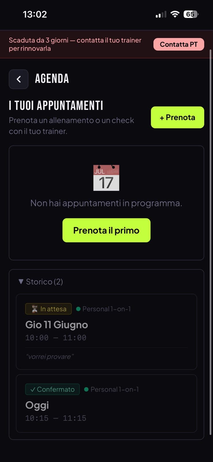 Agenda lato cliente: appuntamenti, storico prenotazioni e pulsante per prenotare