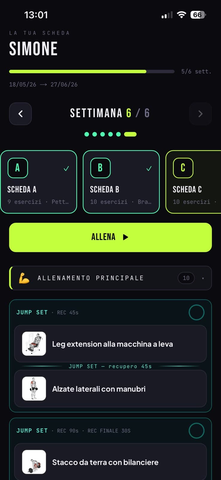 Vista cliente: schede A, B, C della settimana con pulsante Allena