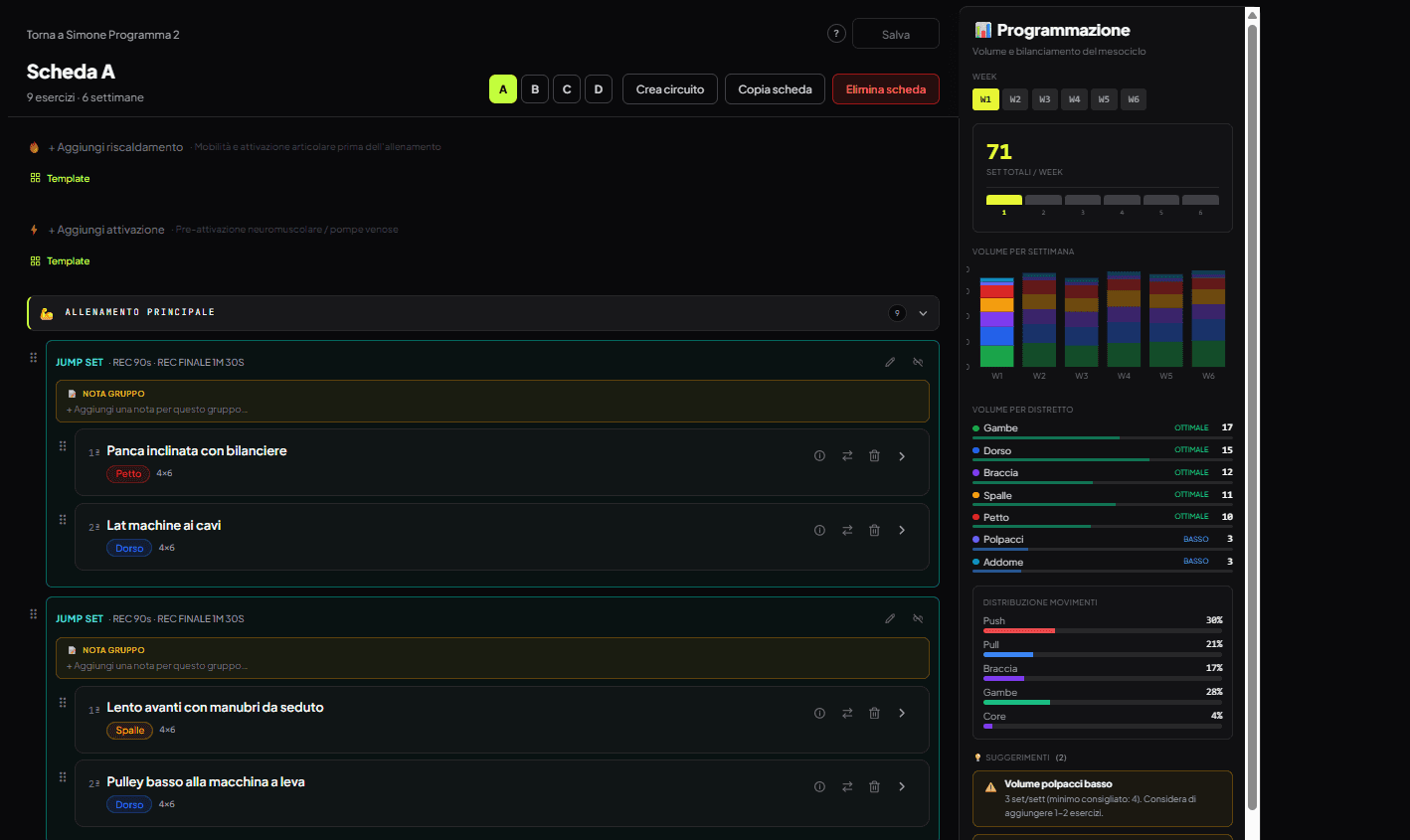 Editor scheda PumpBro con pannello programmazione: volume per settimana, per distretto e distribuzione dei movimenti